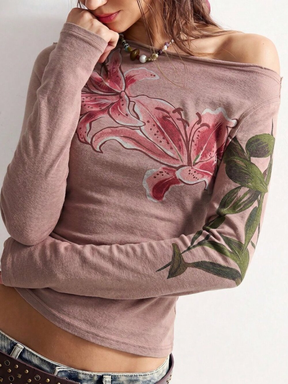 Dusty Pink Casual Women's Asymmetrical Rib-Knit Long-Sleeve T-Shirt